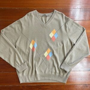 Raffi 100% Pure Cashmere Men’s V Neck Argyle Tan Sweater Sz XXL 🧡🎀